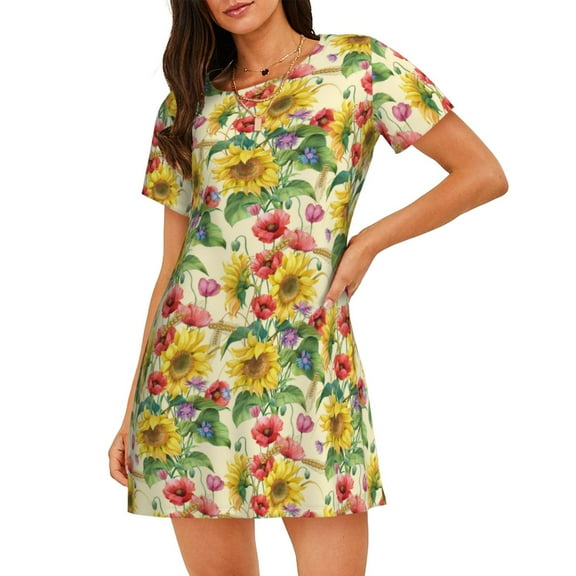 Xecao Sunflower Cornflower Poppy for Women's Loose Nightgown Sleepwear Short Sleeves Shirt Casual Print Sleepdress