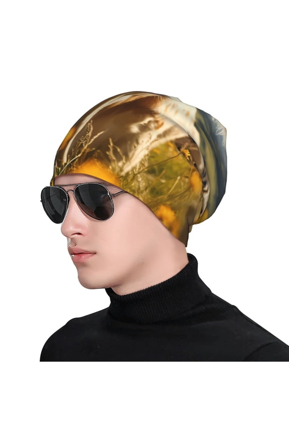 Sunflower Cow Pasture Print Beanie Knitted Hat for Men Women, Winter Fashion Knit Cuffed Caps Unisex