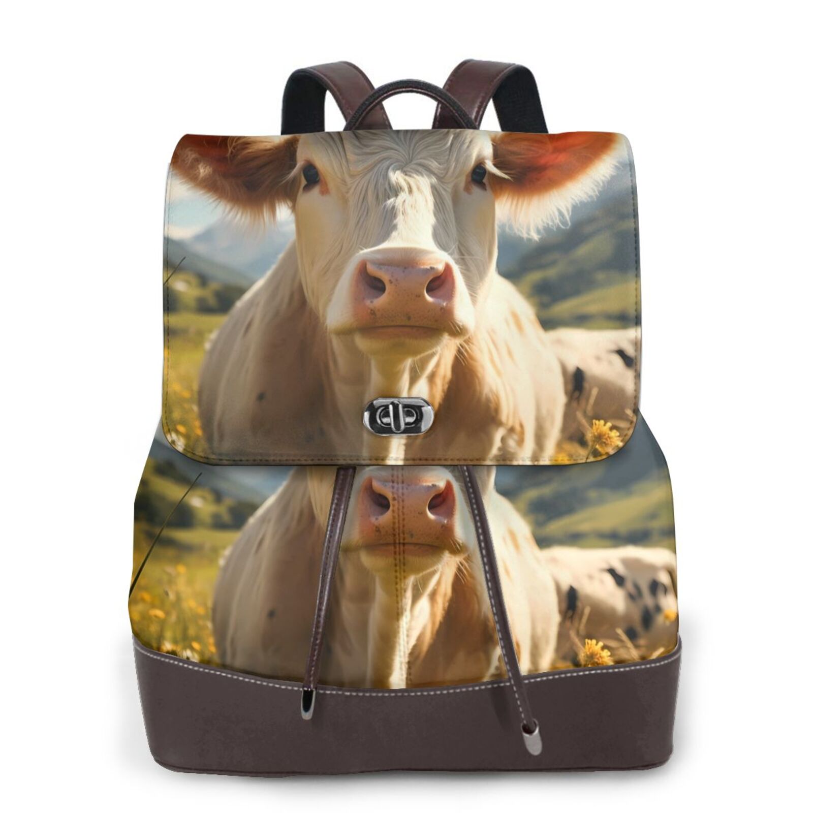 Xecao Sunflower Cow Pasture Print Large Backpack Soft Leather for Women Travel with Compartment, Adjustable Convertible Strap
