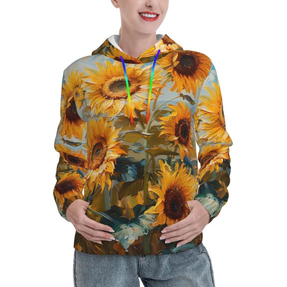 Xecao Sunflower Field Art Pattern Hoodies for Women Sweatshirts Long Sleeve Sweatshirts Pullover Outfits with Pocket-