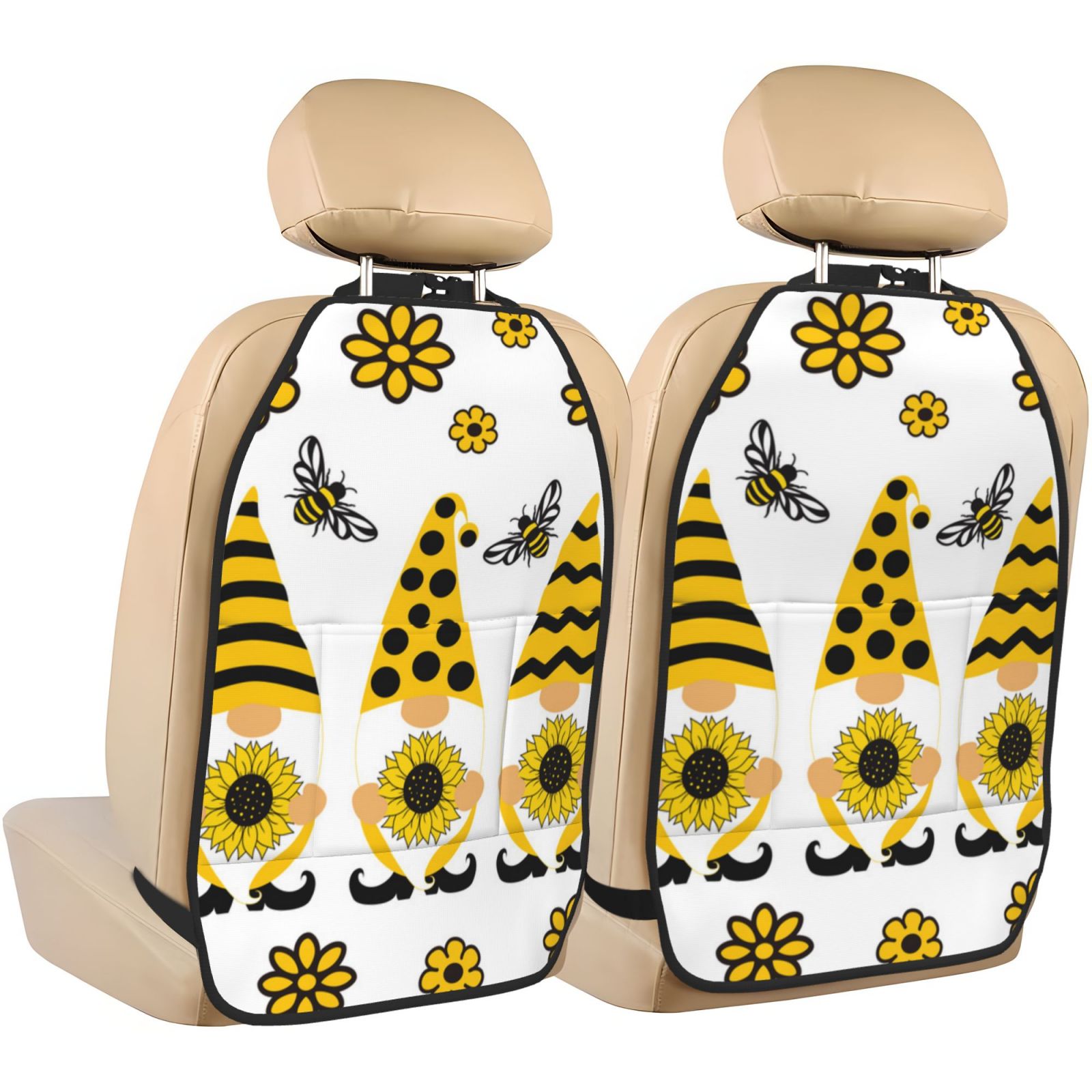 Xecao Sunflower Gnome Pattern Car Seat Back Protector 2 Pack Large Capacity Pocket, Kick Mats Back Seat Protector