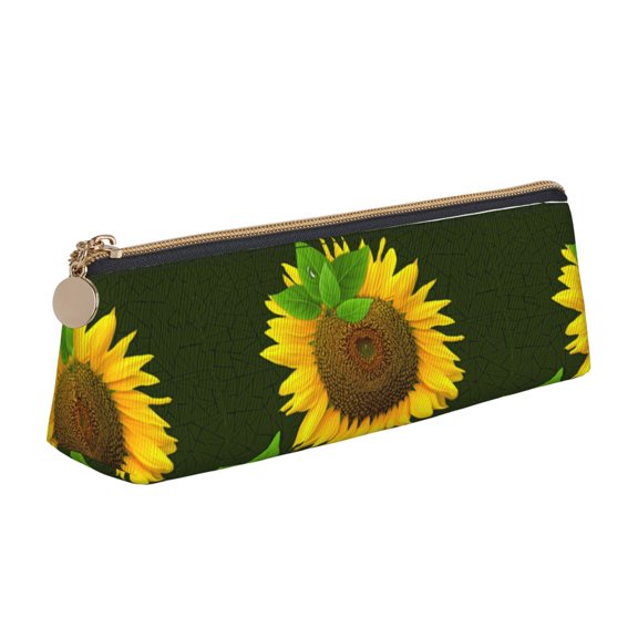Xecao Sunflower Print Leather Pencil Case -Stationery Bag Pen Holder for Work & Office