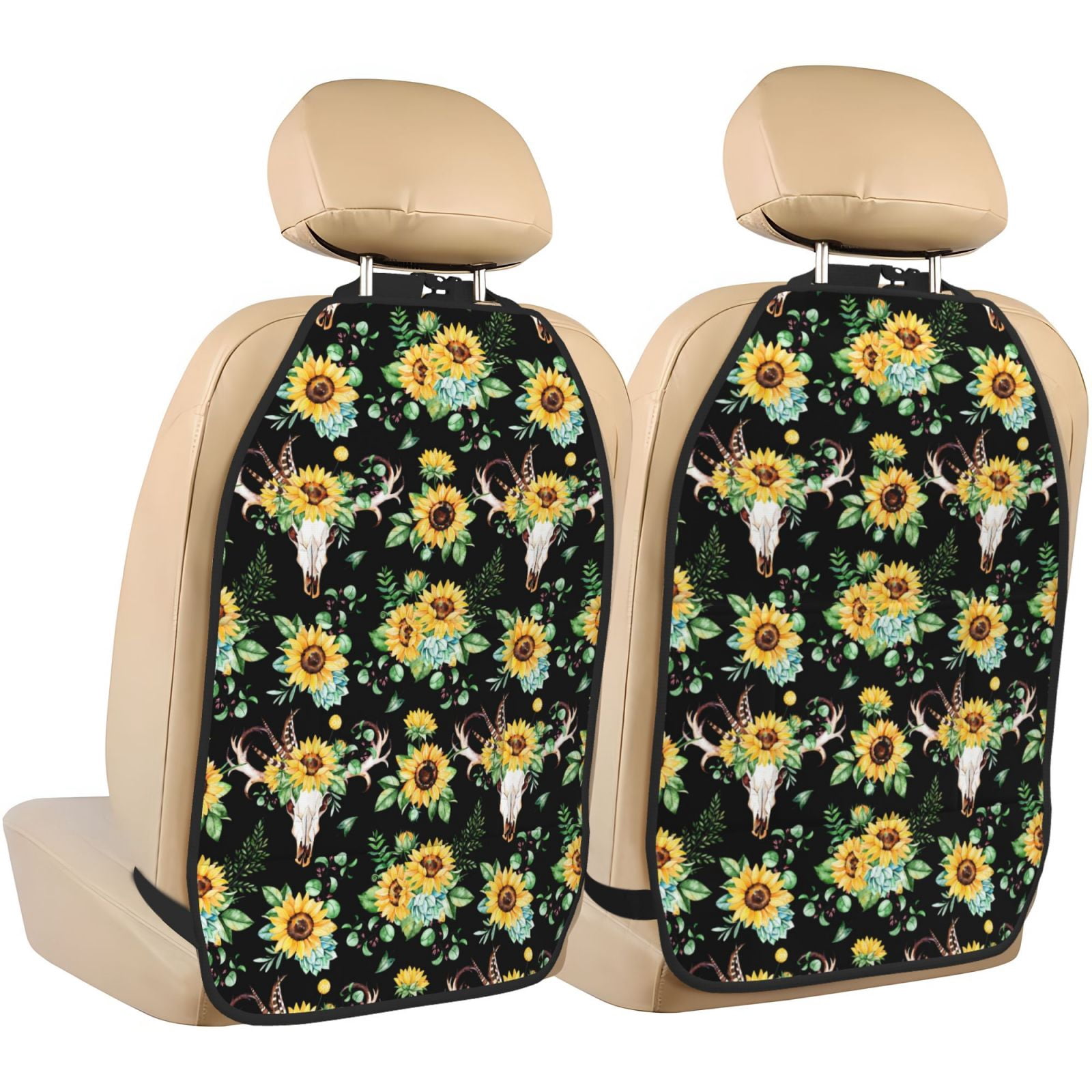 Xecao Sunflower Skull Boho Pattern Car Seat Back Protector 2 Pack Large Capacity Pocket, Kick Mats Back Seat Protector