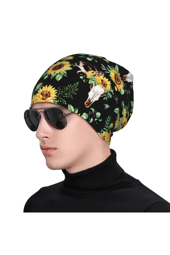 Sunflower Skull Boho Print Beanie Knitted Hat for Men Women, Winter Fashion Knit Cuffed Caps Unisex
