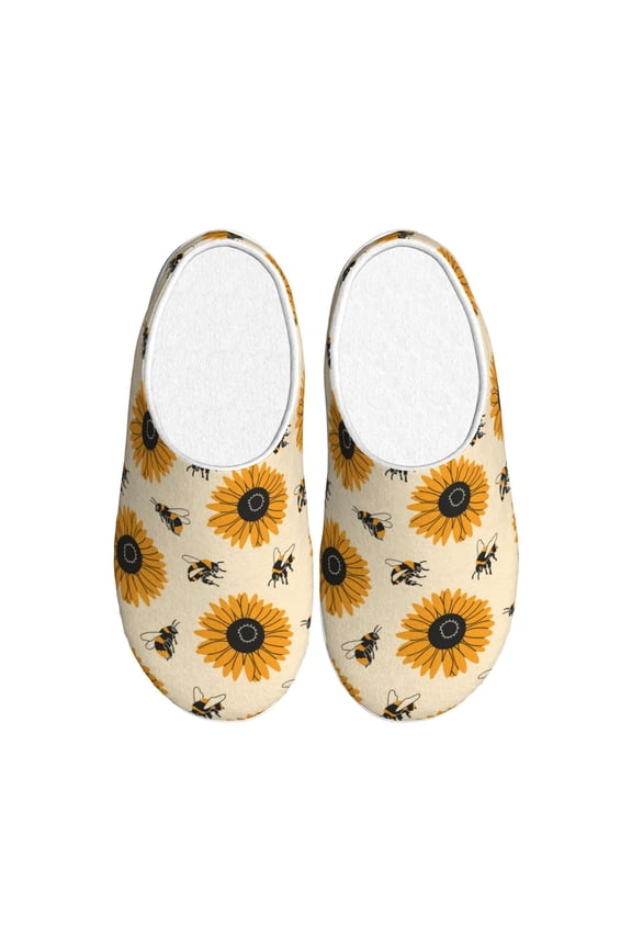 Sunflowers And Bee Print Cotton Slippers Fuzzy Warm Cozy Slippers Non Slip House Slippers For Indoor Outdoor Cotton Slippers House Slippers-35/36