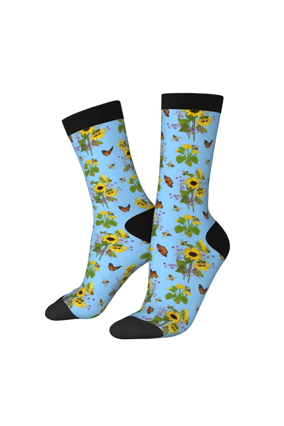 Sunflowers And Bees Pattern Sport Socks for Women and Men Crew Socks Sporty Calf Socks Casual Socks