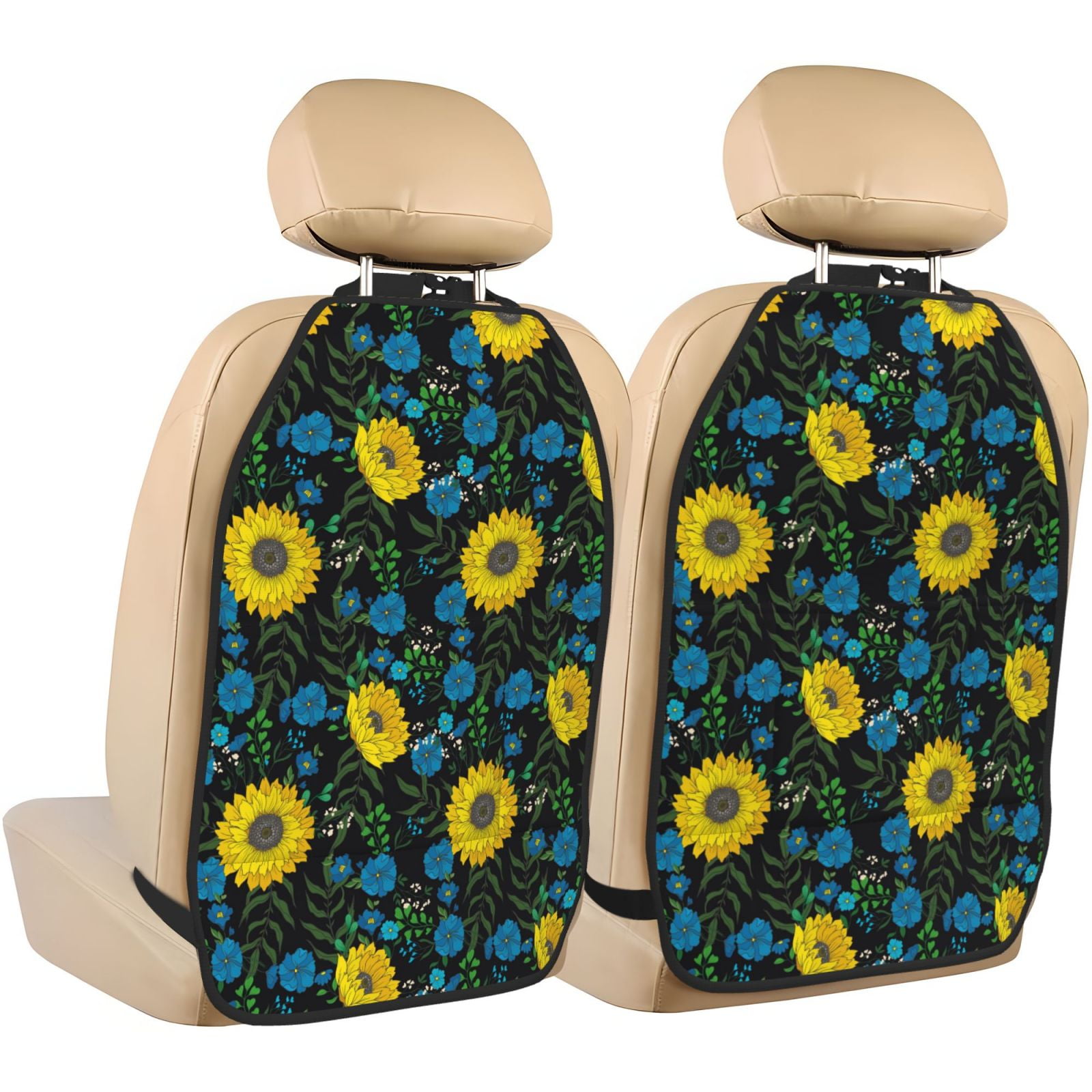 Xecao Sunflowers And Blue Flower Pattern Car Seat Back Protector 2 Pack Large Capacity Pocket, Kick Mats Back Seat Protector