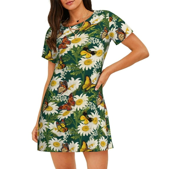 Xecao Sunflowers And Butterflies for Women's Loose Nightgown Sleepwear Short Sleeves Shirt Casual Print Sleepdress