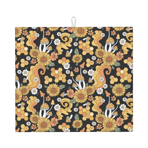 Xecao Sunflowers Bee Print Dish Drying Mat for Kitchen Counter,Absorbent Coffee Bar Mat, Dish Drainer Rack Mats,Dining Room Decoration
