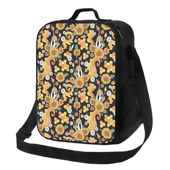Xecao Sunflowers Bee Print Lunch Bag - Durable, Double-Insulated Lunch Bag, Holds Lunch Box, Water Bottle, & Snacks,Leakproof Cooler Tote Bag