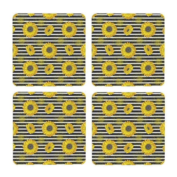 Xecao Sunflowers On Black And White Stripes for MDF Cork Coaster 4 Pcs,Drink Coasters,Suit for House Warming Gifts New Home ,Coffee Table Decor-Square