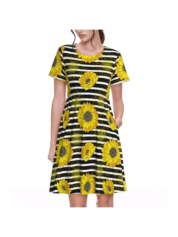 Sunflowers On Black And White Stripes for Women Summer Short Sleeve Midi Dress with Pockets Casual Aline Flowy Tshirt Dress Vocation Beach Sundress