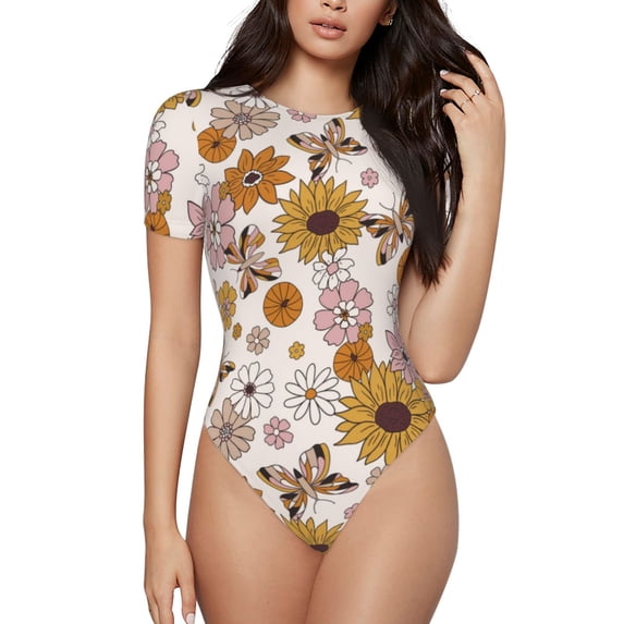 The Xecao Sunflowers And Butterflies Women's Crew Neck Body Suit, a short-sleeved bodysuit and basic swimsuit, both comfort and style for dating and daily life