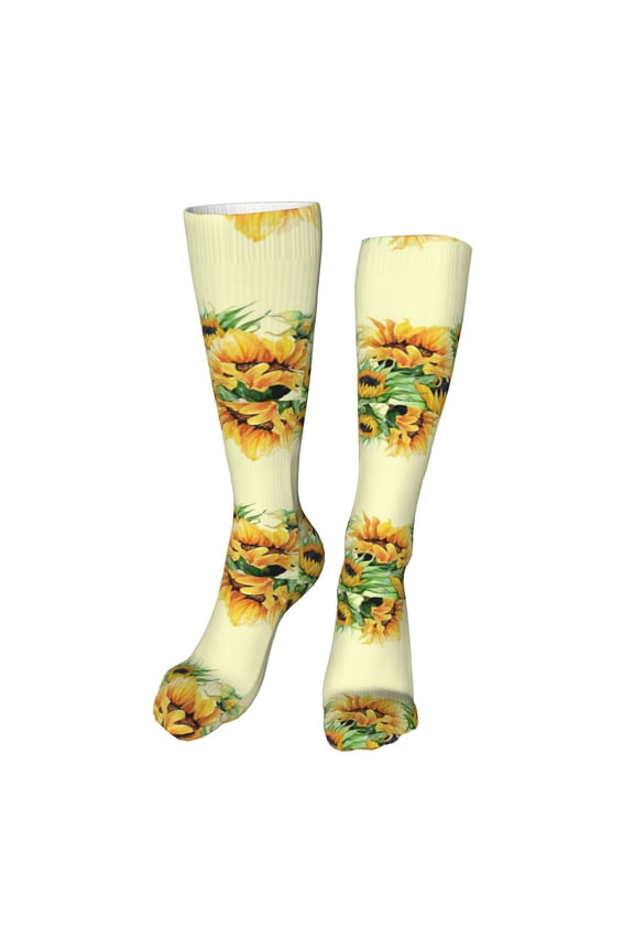 Sunflowers On A Yellow Background Print Calf Socks Seamless Toe, Knee High Long Socks, Sports Socks Trouser Socks for Women and Men-One Size
