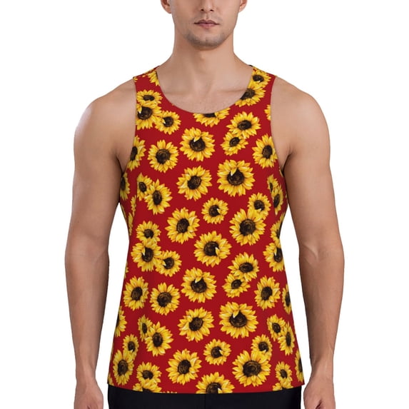 Xecao Sunflowers On Red Men's Tank Top Workout Quick Dry Sleeveless Gym Jogging Muscle Shirts Summer Swim Beach Tops