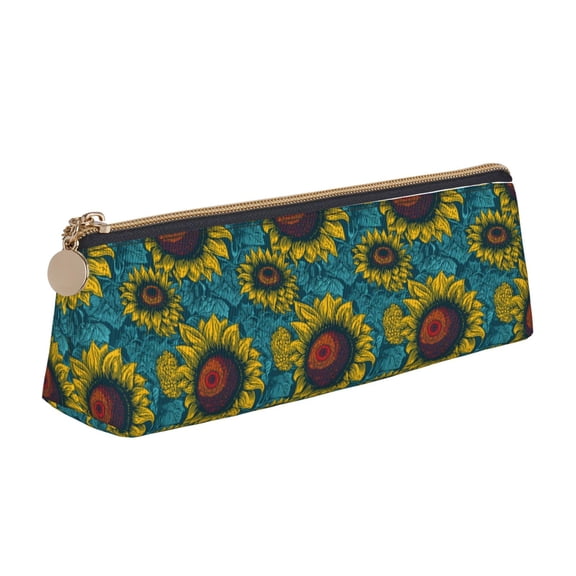 Xecao Sunflowers Print Leather Pencil Case -Stationery Bag Pen Holder for Work & Office