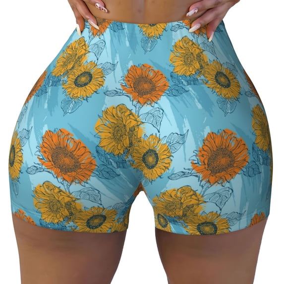 Xecao Sunflowers Print Workout Shorts for Women Soft Smooth Gym Yoga Scrunch Active Tennis Workout Running Shorts