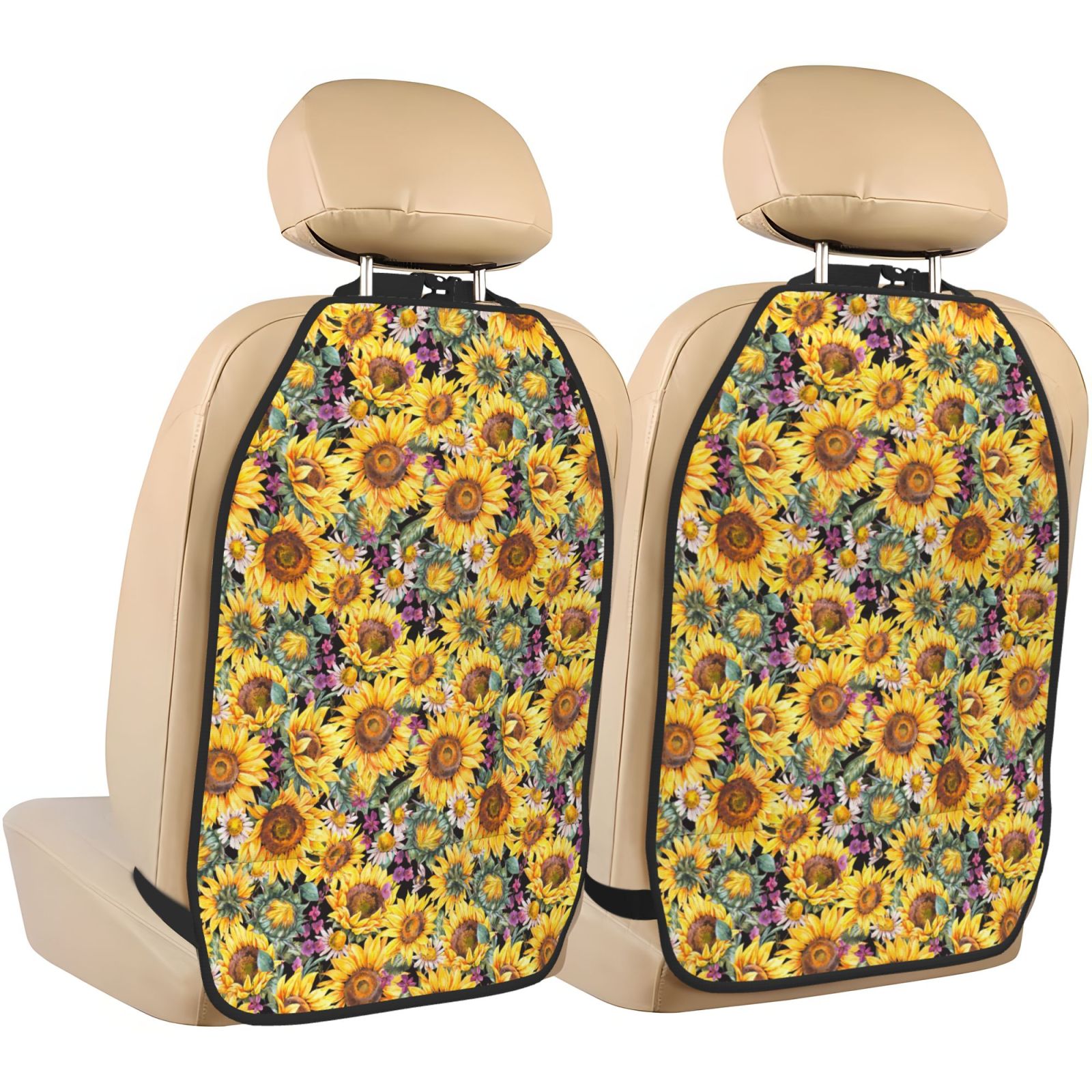 Xecao Sunflowers Vintage Pattern Car Seat Back Protector 2 Pack Large Capacity Pocket, Kick Mats Back Seat Protector