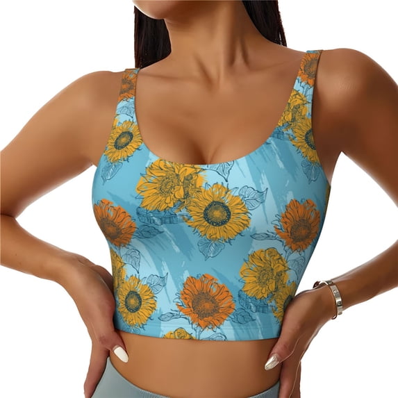 Xecao Sunflowers for Sports Bra with Removable Pads, Crop Tank Top Design, Women's Longline Sports Bra - Non-Wired - X-Large