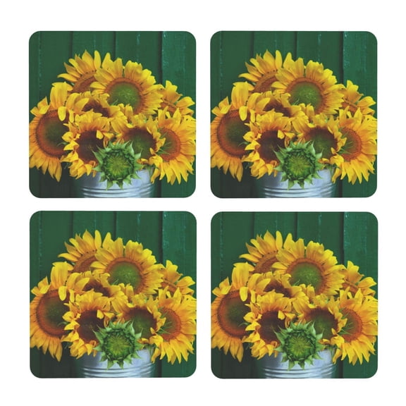 Xecao Sunflowers in Bucket for MDF Cork Coaster 4 Pcs,Drink Coasters,Suit for House Warming Gifts New Home ,Coffee Table Decor-Square