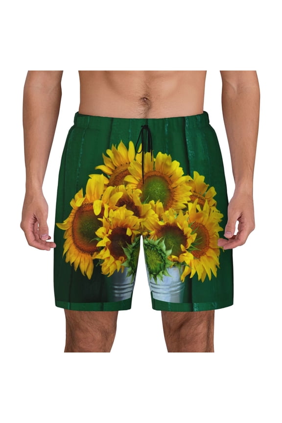 Sunflowers in Bucket for Men's Swimming Trunks Swim Trunks Quick Dry Swim Shorts with Mesh Lining Funny Swimwear Bathing Suits