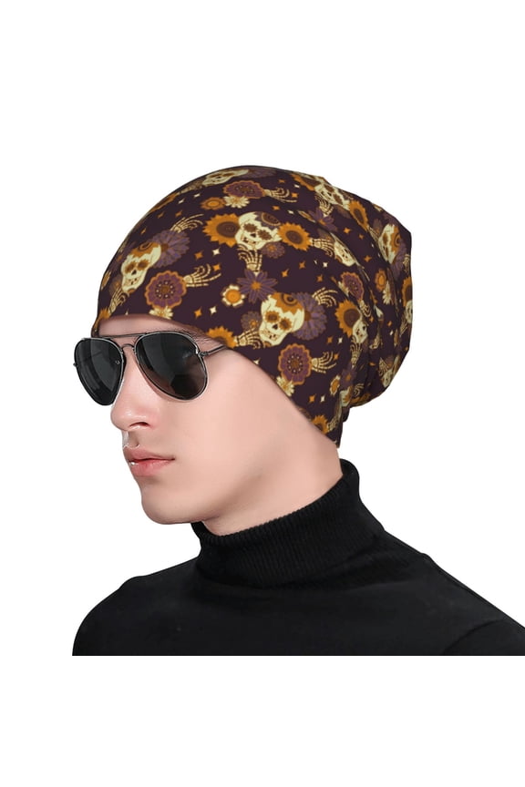 Sunflowers with Skull and Hand Print Beanie Knitted Hat for Men Women, Winter Fashion Knit Cuffed Caps Unisex