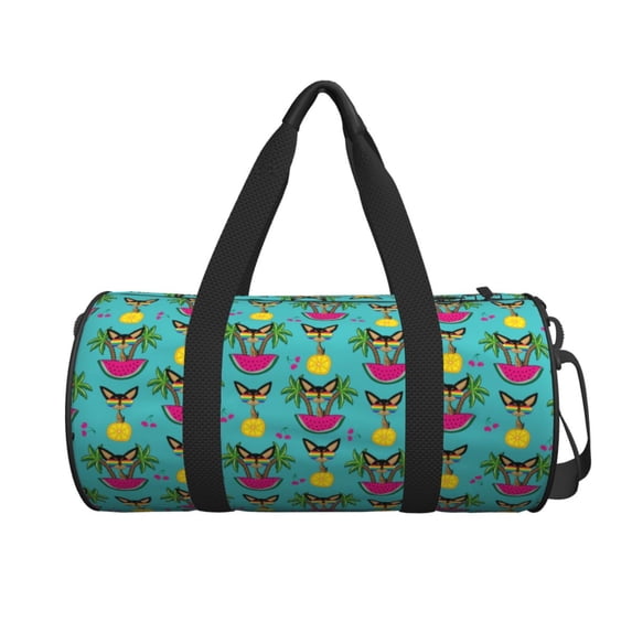 Xecao Sunmmer Cat print Round Travel Duffel Bag is a foldable gym bag with an inner pocket, perfect for travel sports
