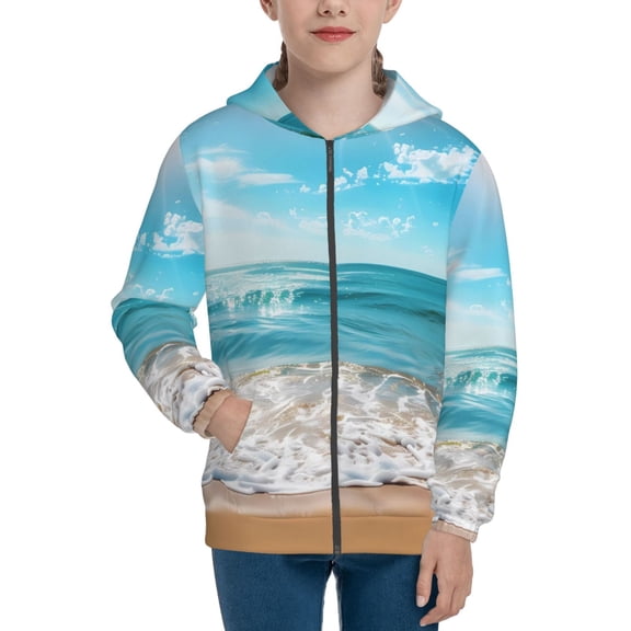 Xecao Sunny Ocean Waves Pattern Zip Up Hoodies for Boys Girls, Sweatshirt with Pockets-Small