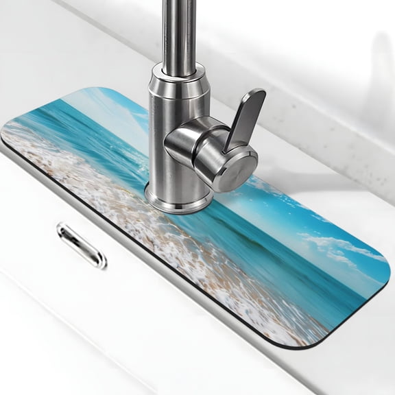 Xecao Sunny Ocean Waves for Kitchen Sink Splash Guard Faucet Mat , Faucet Guard & Draining mat, (15" X 5.5" )