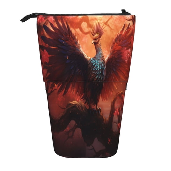 Xecao Sunset Blossoms Phoenix Perch Print Telescopic Pencil Bag Pen Holder Pop Up Stationery Case Stand-up Retractable Transformer Bag Standing Organizer