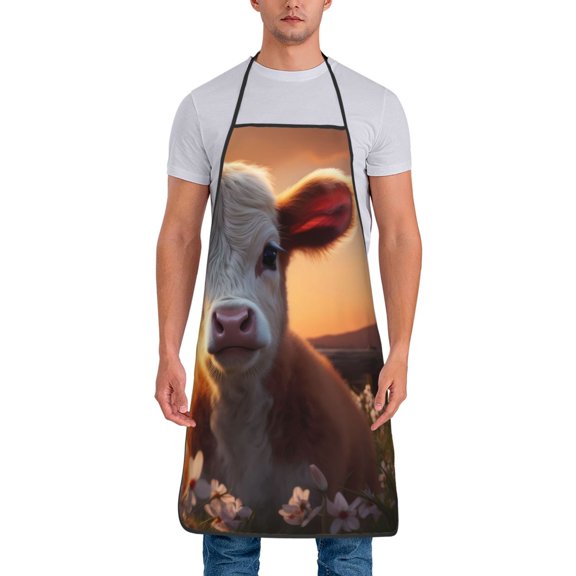 Xecao Sunset Calf Flower Field Print Funny BBQ Chef Aprons for Men Women,Adjustable Kitchen Cooking Aprons with Pocket Waterproof Oil Proof No Pilling Fading