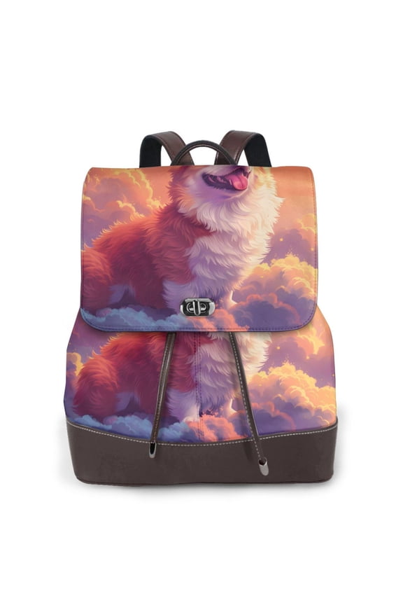Sunset Cloud Corgi Print Large Backpack Soft Leather for Women Travel with Compartment, Adjustable Convertible Strap