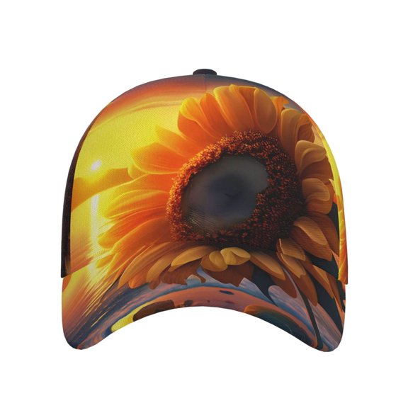 Xecao Sunset Coast Sunflower for Baseball Cap: Unisex, crafted from classic polyester twill fabric, featuring a soft unconstructed design