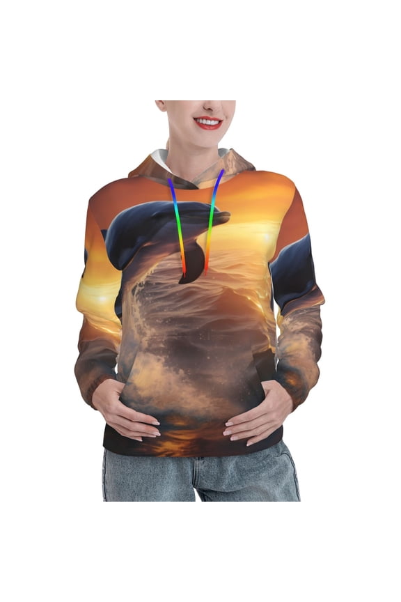 Sunset Dancing Dolphin Pattern Hoodies for Women Sweatshirts Long Sleeve Sweatshirts Pullover Outfits with Pocket-XX-Large