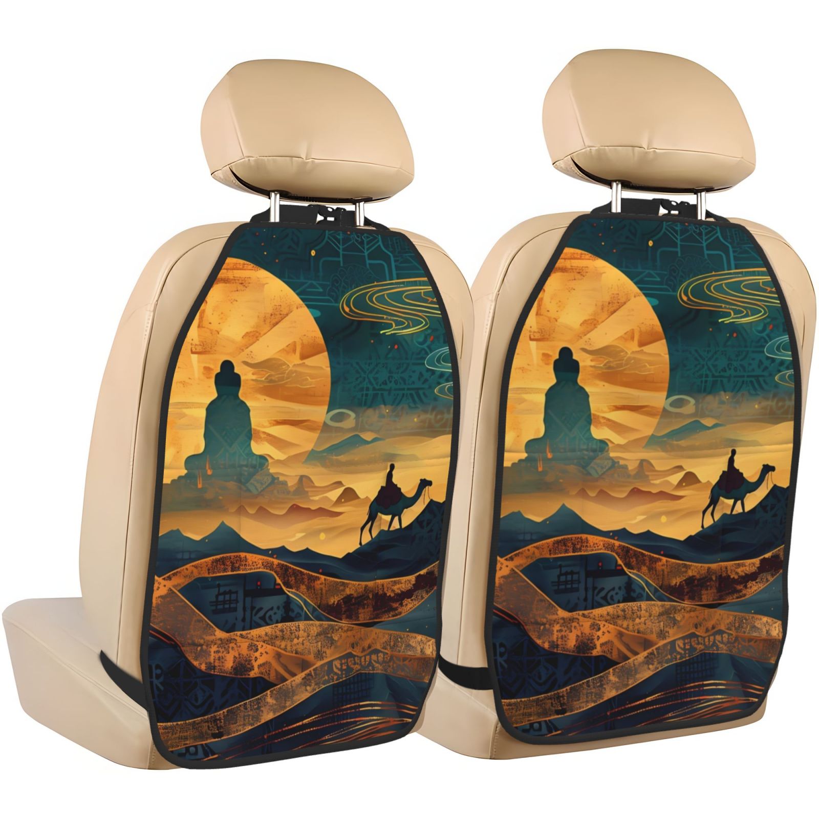Xecao Sunset Desert Journey Pattern Car Seat Back Protector 2 Pack Large Capacity Pocket, Kick Mats Back Seat Protector