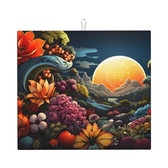 Xecao Sunset Floral Fantasy Landscape Print Dish Drying Mat for Kitchen Counter,Absorbent Coffee Bar Mat, Dish Drainer Rack Mats,Dining Room Decoration