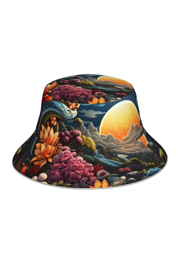 Sunset Floral Fantasy Landscape Print Men and Women Night Reflective Hat Runner Cap Visor Bucket Hat Boonie Cap