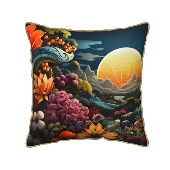 Xecao Sunset Floral Fantasy Landscape Print Soft Velvet Decorative Throw Pillow Covers, Square Cushion Cases for Bed, Sofa, Living Room, Car, and Indoor Outdoor Use-16"x16"