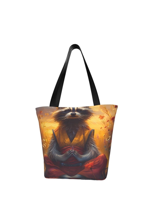 Sunset Flower Meditating Raccoon for Tote Bag for Women -Tote Shoulder Bag with A Little Pocket Inside, Perfect for Travel and Work.