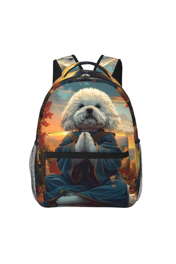 Sunset Meditating Bichon Frise Backpack, a stylish and functional choice for both men and women, is the perfect basic bookbag for college, work, or travel
