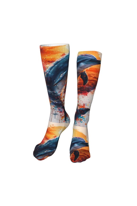 Sunset Ocean Watercolor Dolphin Print Calf Socks Seamless Toe, Knee High Long Socks, Sports Socks Trouser Socks for Women and Men-One Size