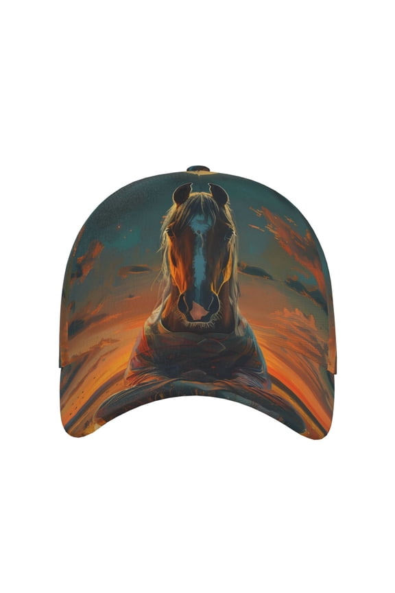 Sunset Prairie Meditating Horse for Baseball Cap: Unisex, crafted from classic polyester twill fabric, featuring a soft unconstructed design