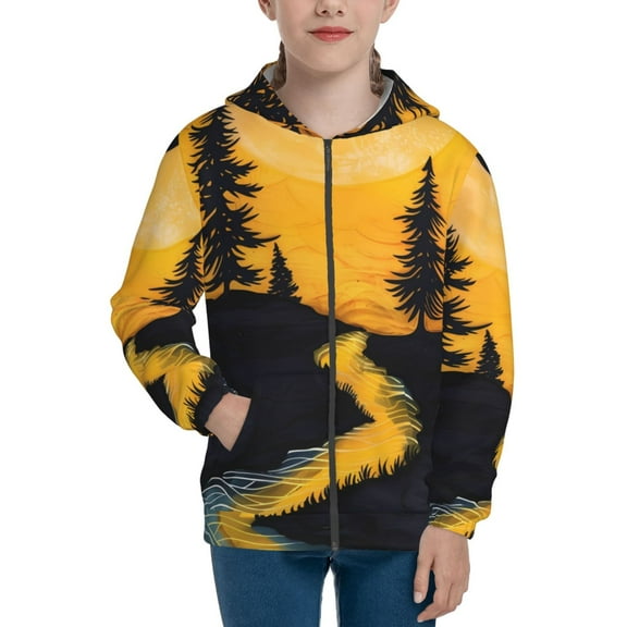 Xecao Sunset River Pine Trees Pattern Zip Up Hoodies for Boys Girls, Sweatshirt with Pockets-Small