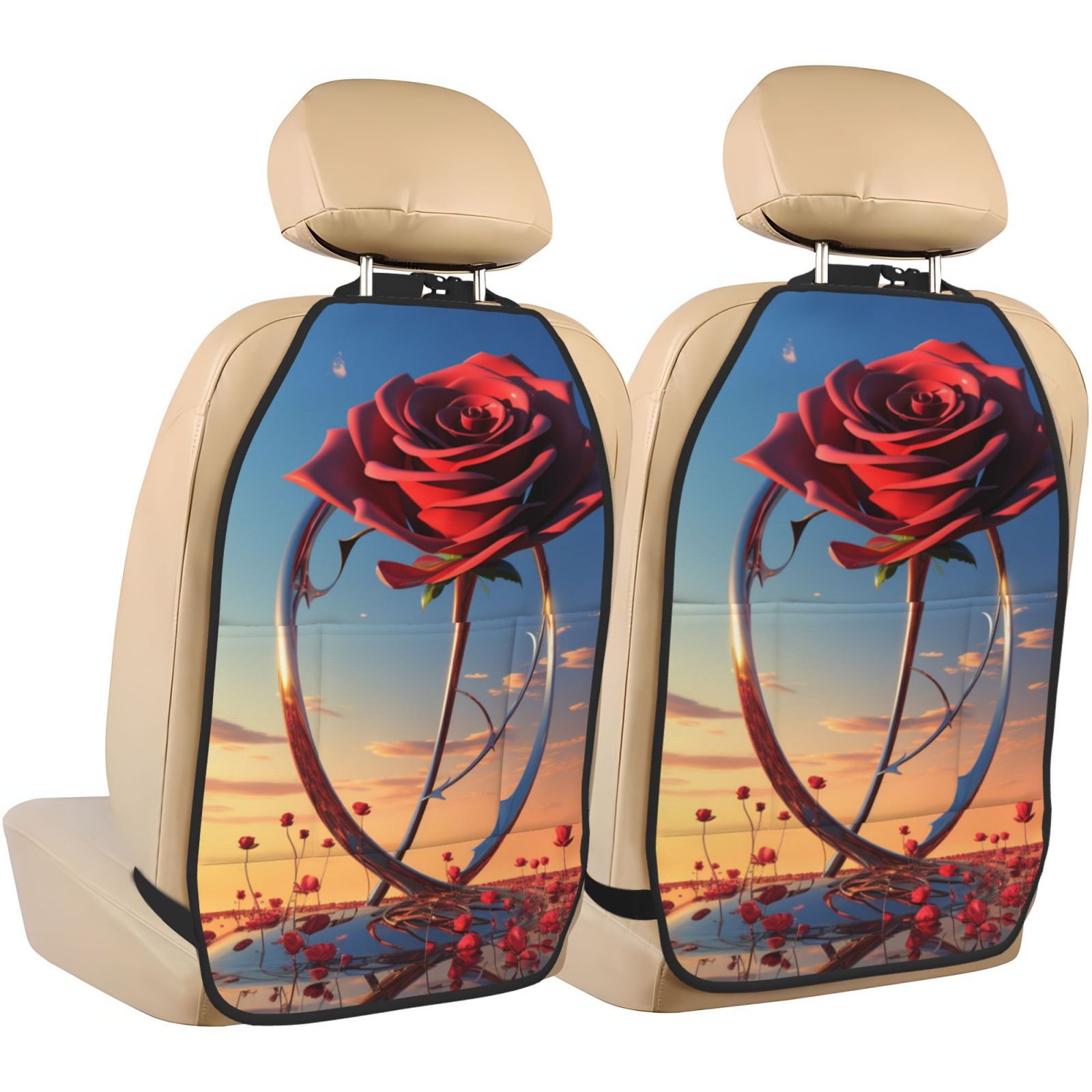 Xecao Sunset Rose Elegance Pattern Car Seat Back Protector 2 Pack Large Capacity Pocket, Kick Mats Back Seat Protector