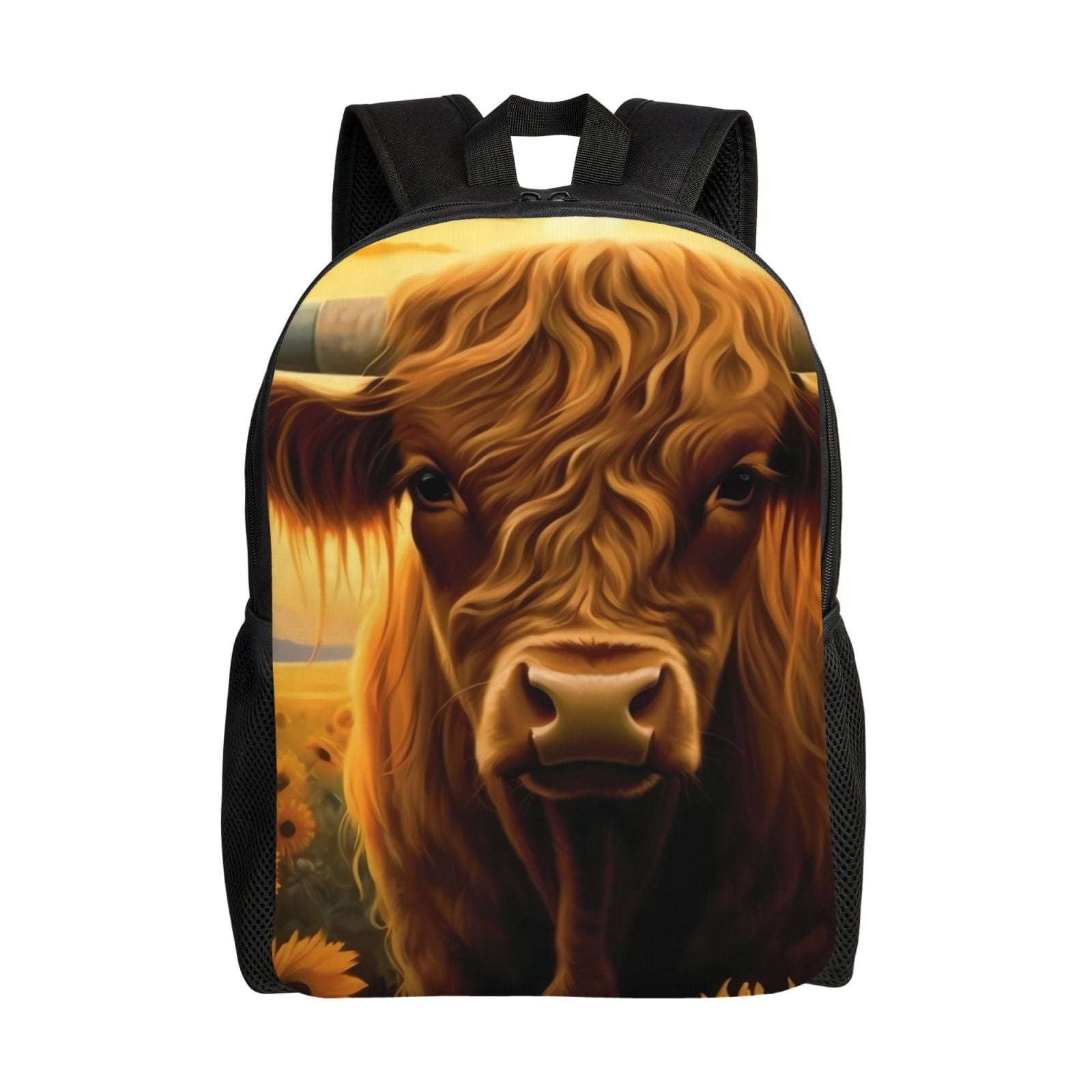 Xecao Sunset Sunflower Cow A Print School Backpack with Laptop Compartment Small Travel Laptop Backpack for Women Men Waterproof College Backpack Simple School Bag
