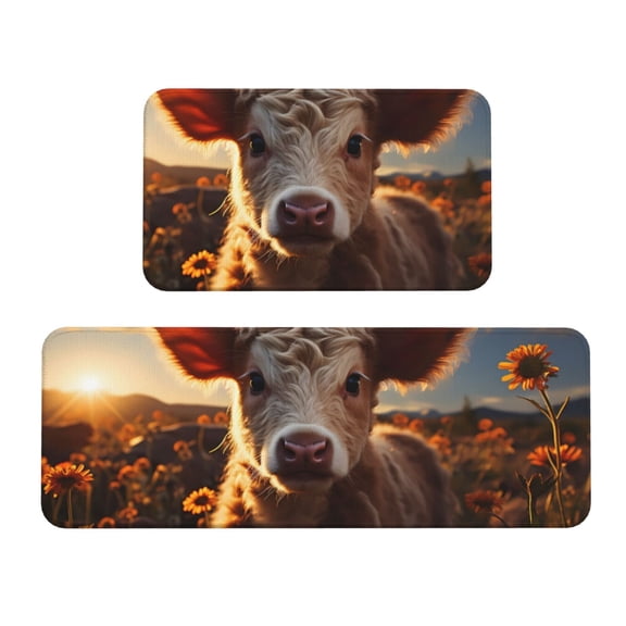 Xecao Sunset Sunflower Small Cow Patten Kitchen Rugs and Mats Sets,2 Pieces Non-Slip Washable Rugs, Kitchen Mat for Floor,Suit for Kitchen Decor and Accessories
