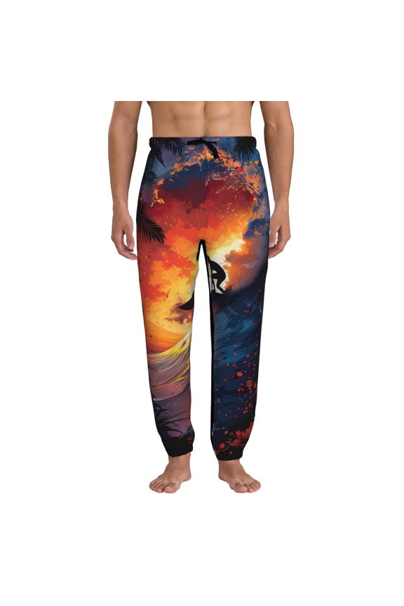Sunset Surfing Silhouette Print Active Tech Joggers for Men, Mens Sweatpants Lounge Pants with Pockets-X-Large