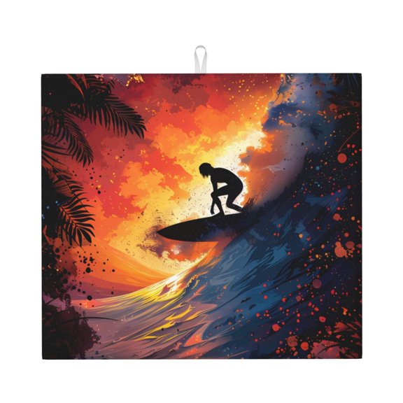 Xecao Sunset Surfing Silhouette Print Dish Drying Mat for Kitchen Counter,Absorbent Coffee Bar Mat, Dish Drainer Rack Mats,Dining Room Decoration