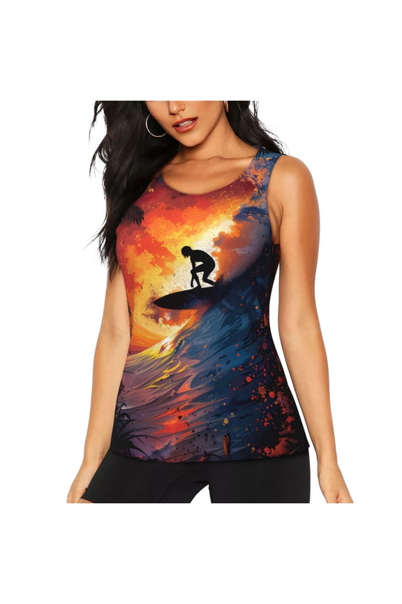 Sunset Surfing Silhouette Print Women's Scoop Neck, Loose-Fit Workout Tank Tops for The Gym,Sleeveless T-shirt-XX-Large