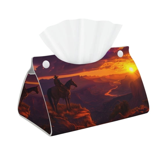Xecao Sunset Valley Western Cowboy Print Tissue Box Cover,Modern PVC Leather Square Tissue Box Holder for Creative Decorative